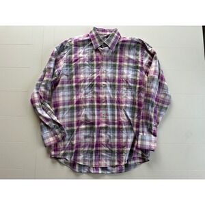 Alan Flusser Mens Purple Green Plaid Long Sleeve Button Down Cotton Shirt Medium